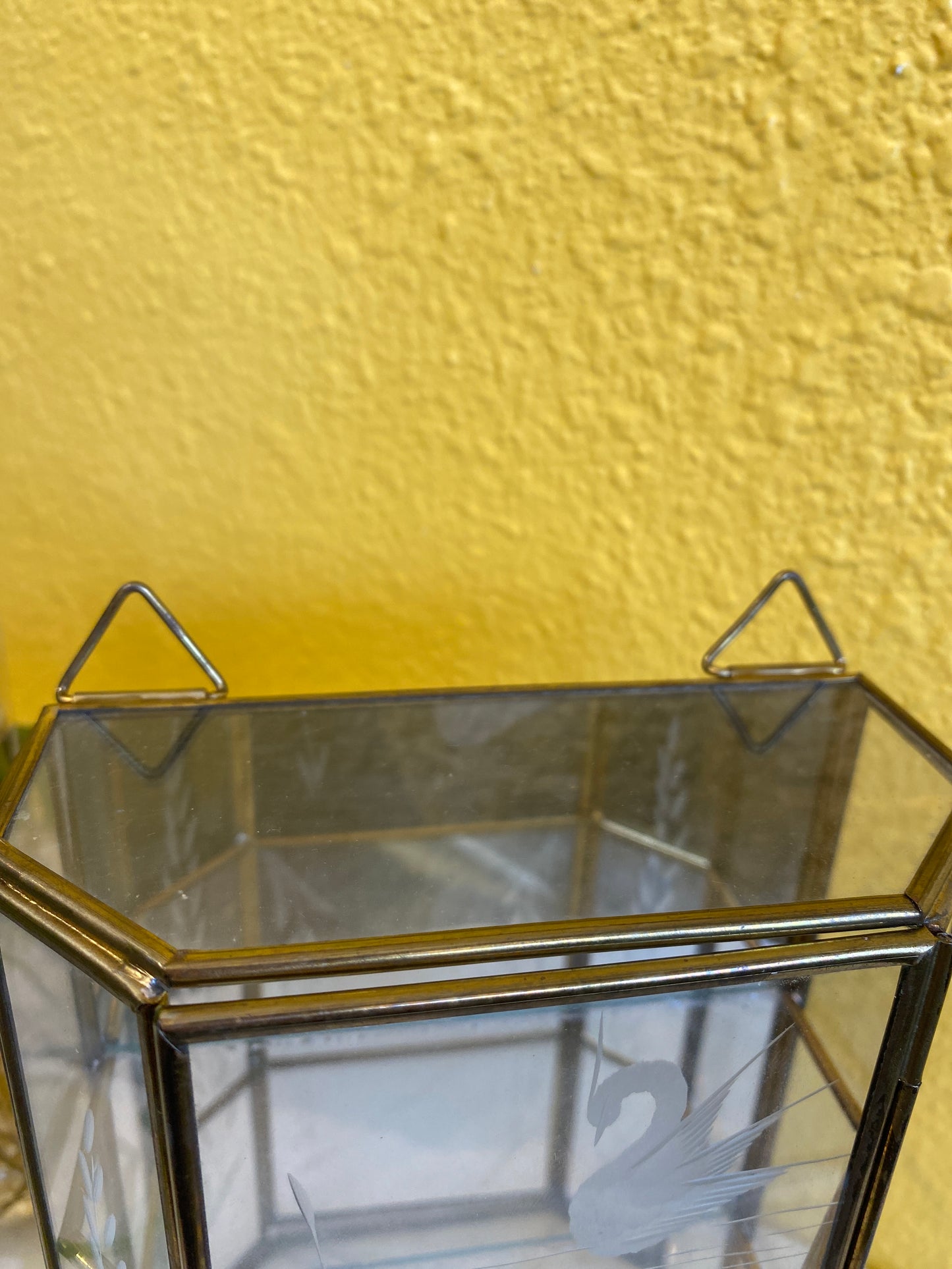 Brass and Glass Trinket Shelf Box. Small Vintage Display Case.