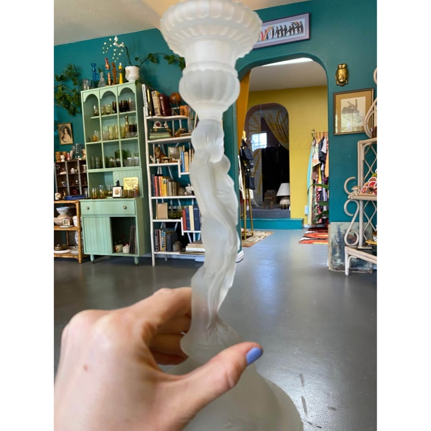 Frosted Glass Tall Huntress Candlestick Holders. Set of 2