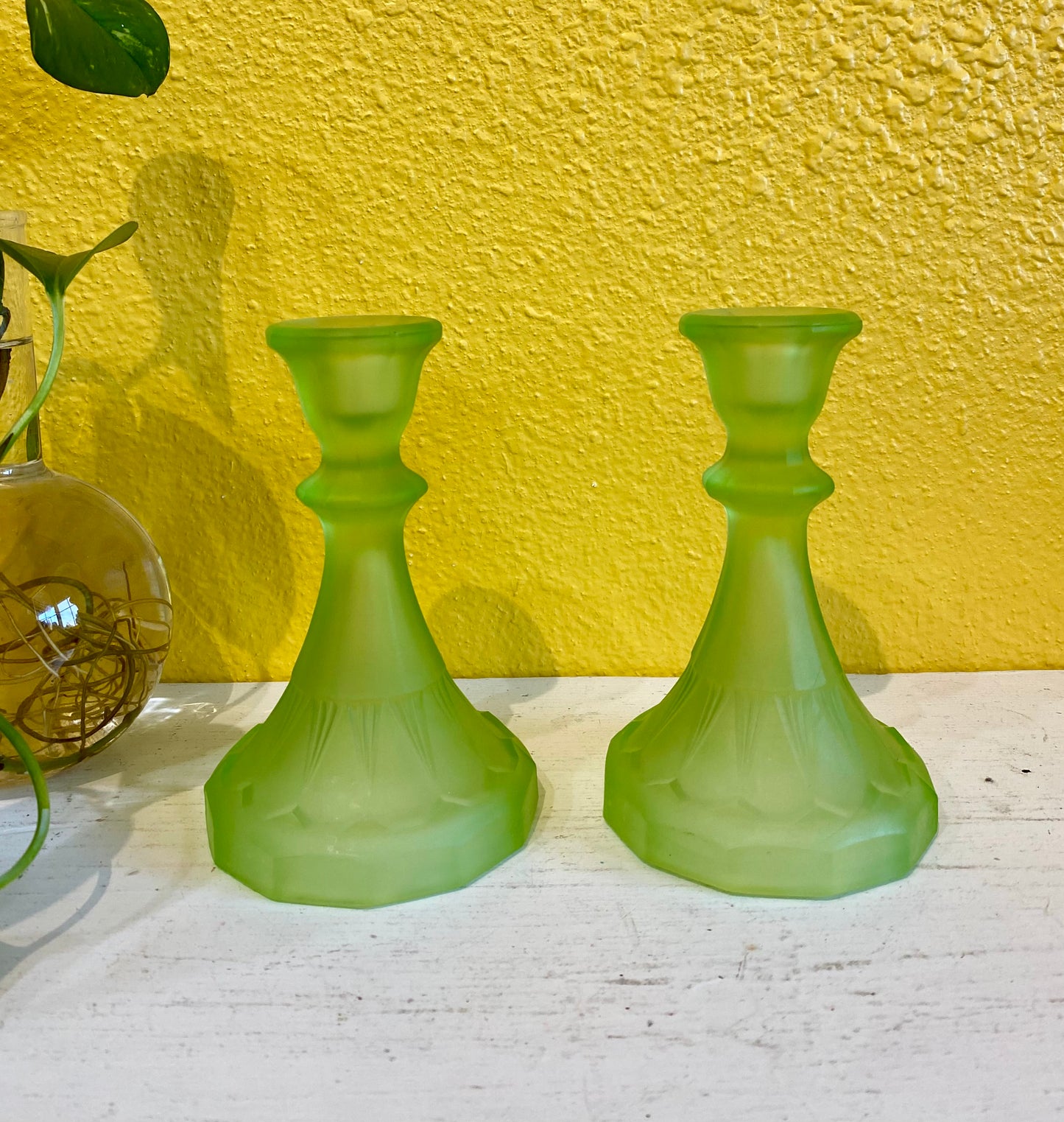 Art Deco Frosted Uranium Candlestick Holders 1930s