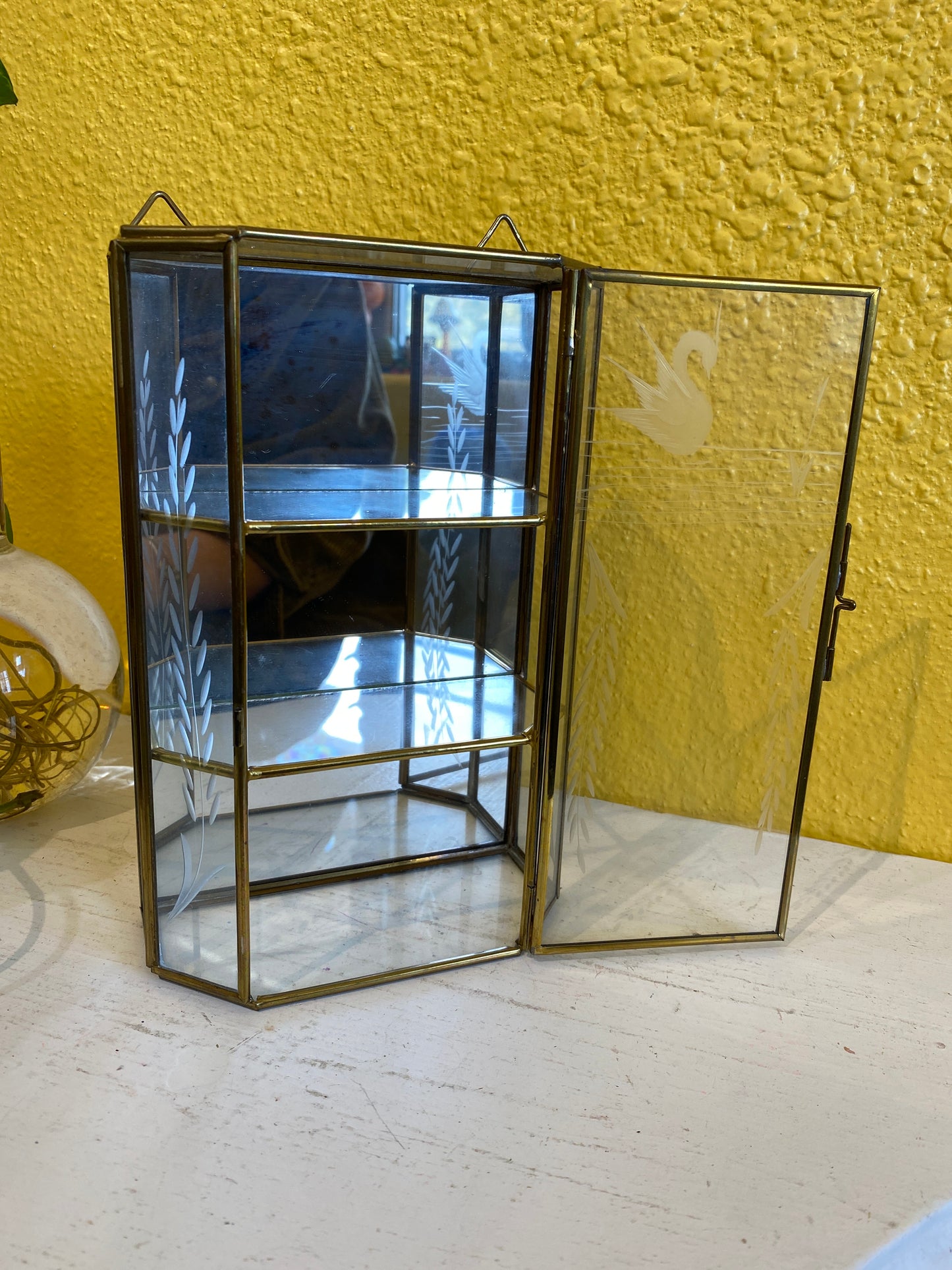 Brass and Glass Trinket Shelf Box. Small Vintage Display Case.