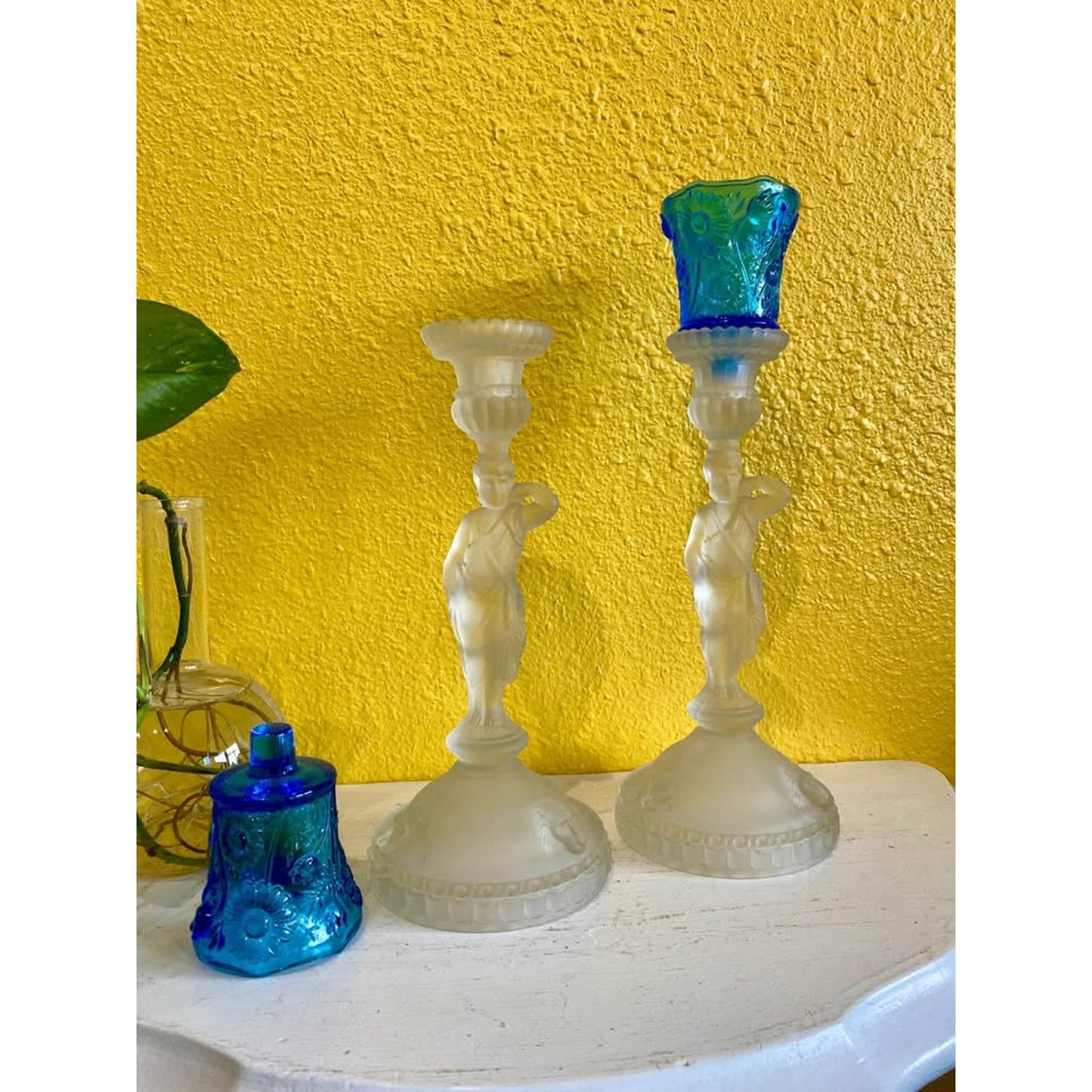 Frosted Glass Tall Huntress Candlestick Holders. Set of 2