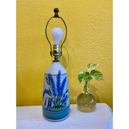 Beautiful Handmade Pottery Table Lamp with Floral Detail Lavender Flowers
