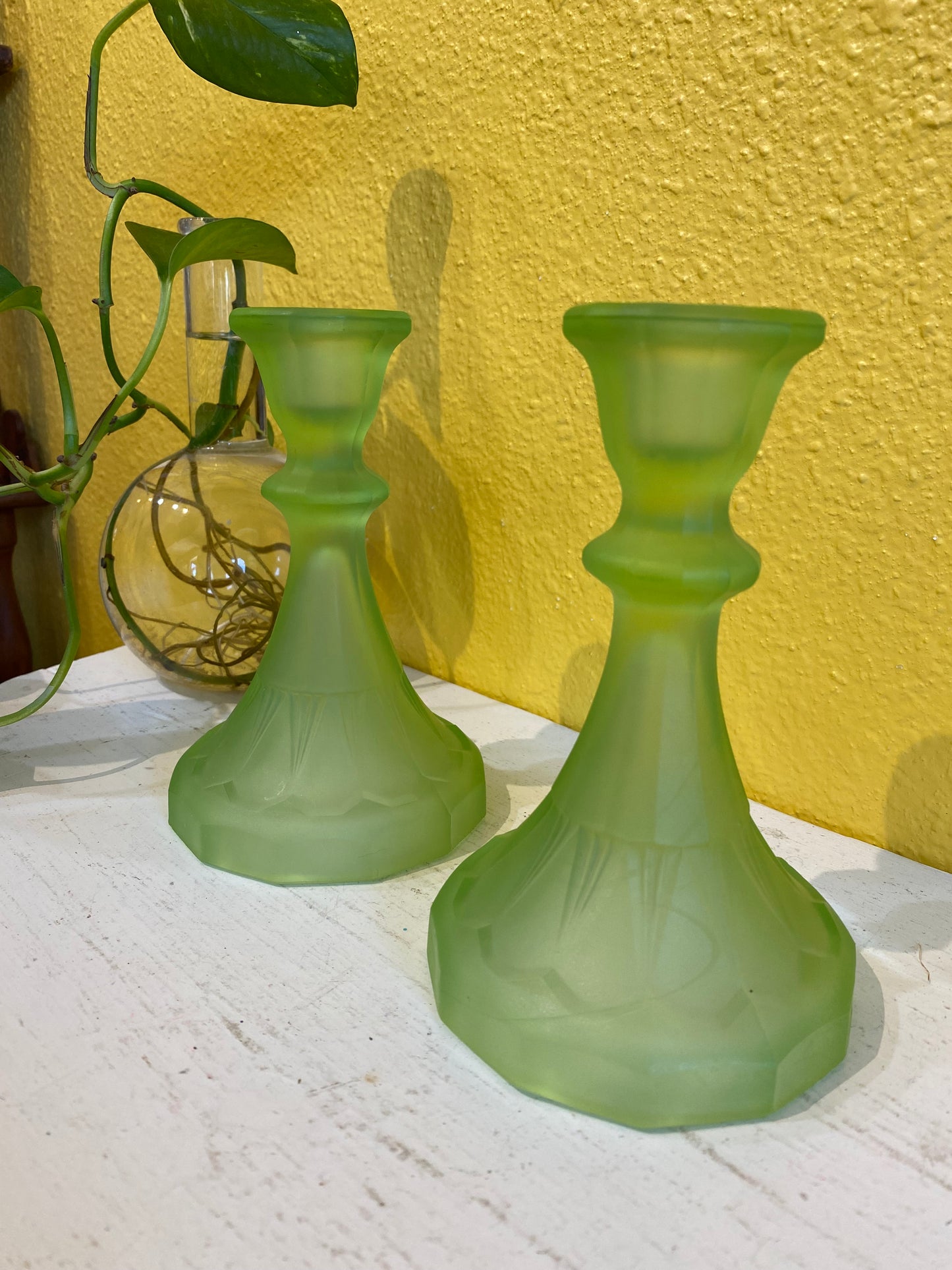 Art Deco Frosted Uranium Candlestick Holders 1930s