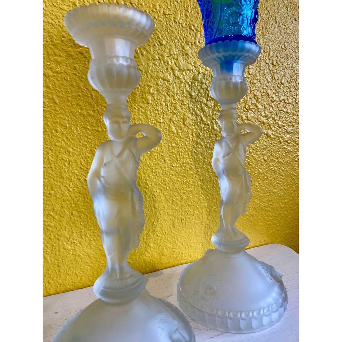 Frosted Glass Tall Huntress Candlestick Holders. Set of 2