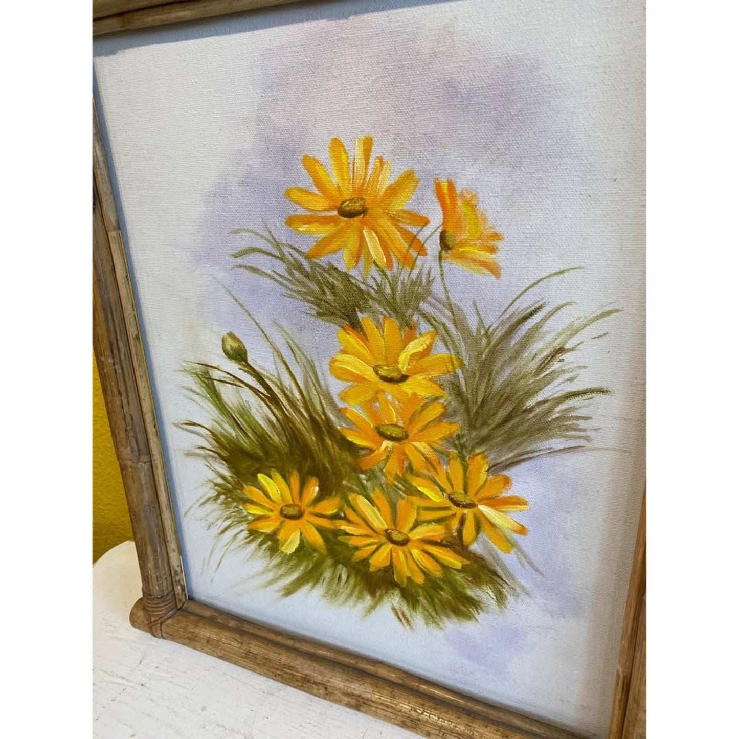 Vintage Rattan Owl Frame with Floral Painting on canvas