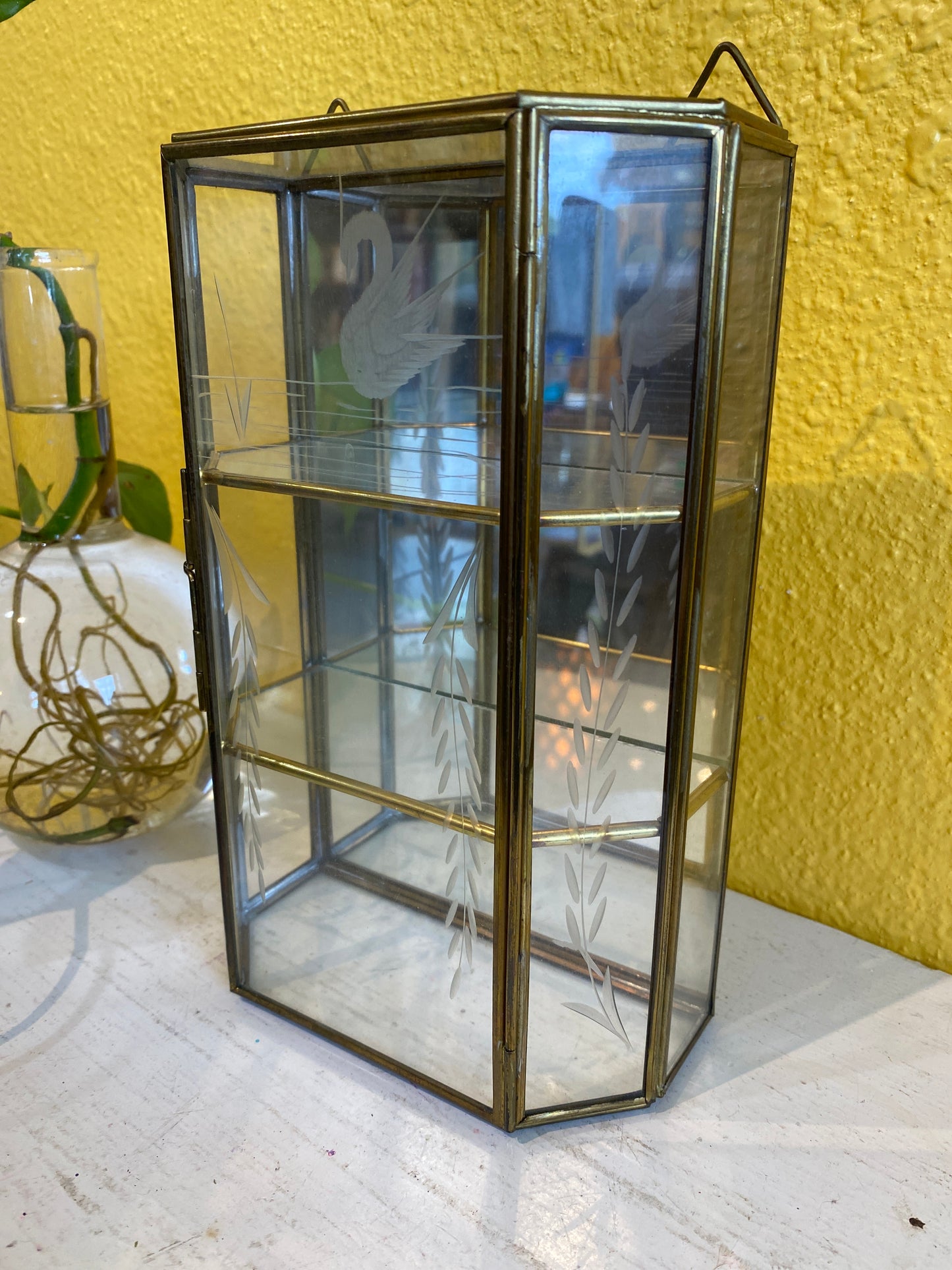Brass and Glass Trinket Shelf Box. Small Vintage Display Case.
