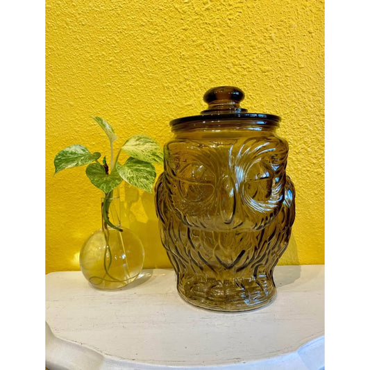 Vintage Libbey Smoke Glass Large Owl Cookie Jar with Lid