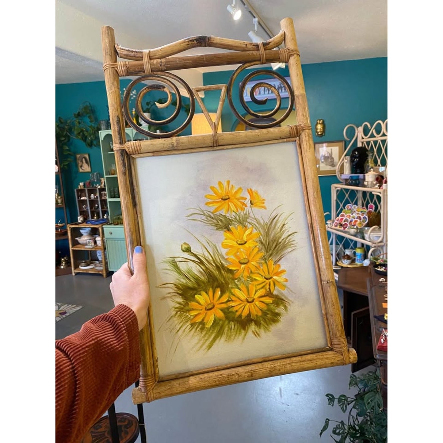 Vintage Rattan Owl Frame with Floral Painting on canvas