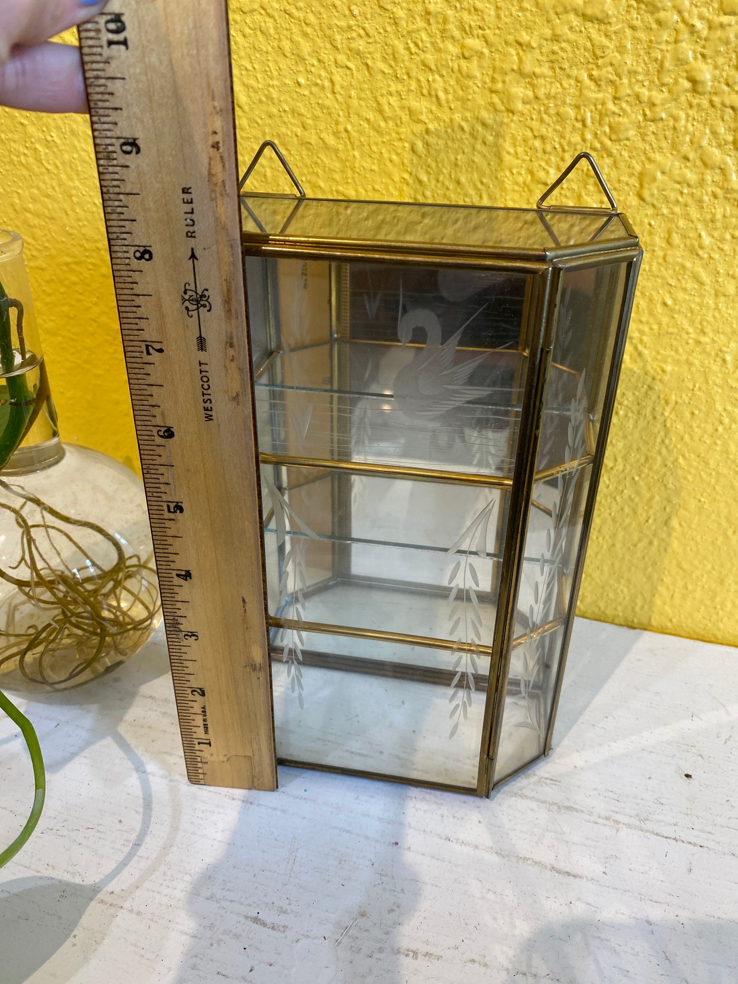 Brass and Glass Trinket Shelf Box. Small Vintage Display Case.