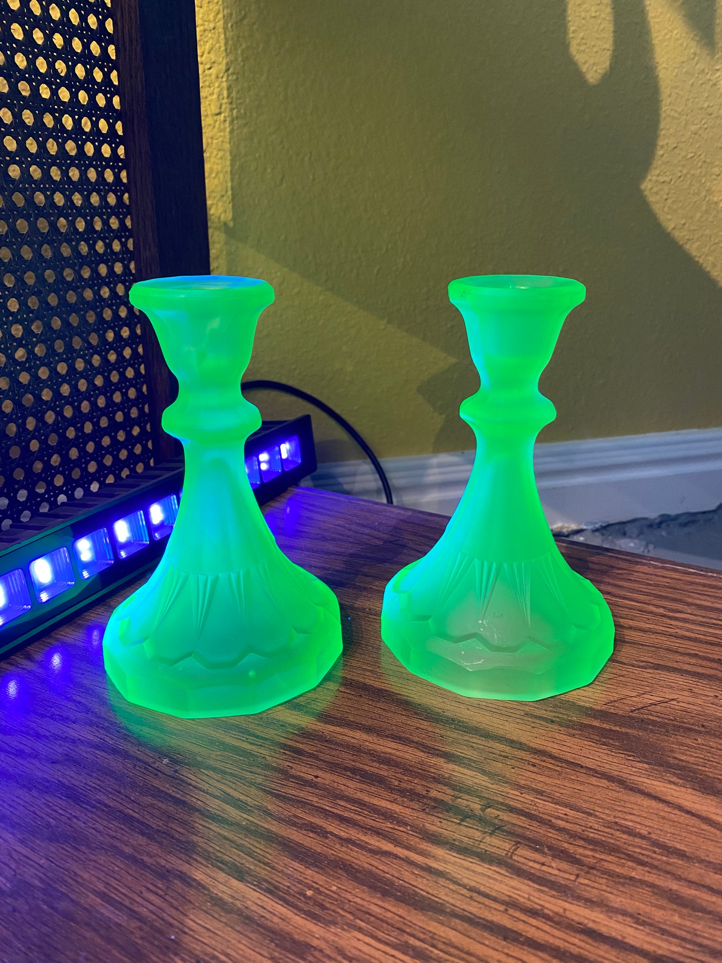 Art Deco Frosted Uranium Candlestick Holders 1930s