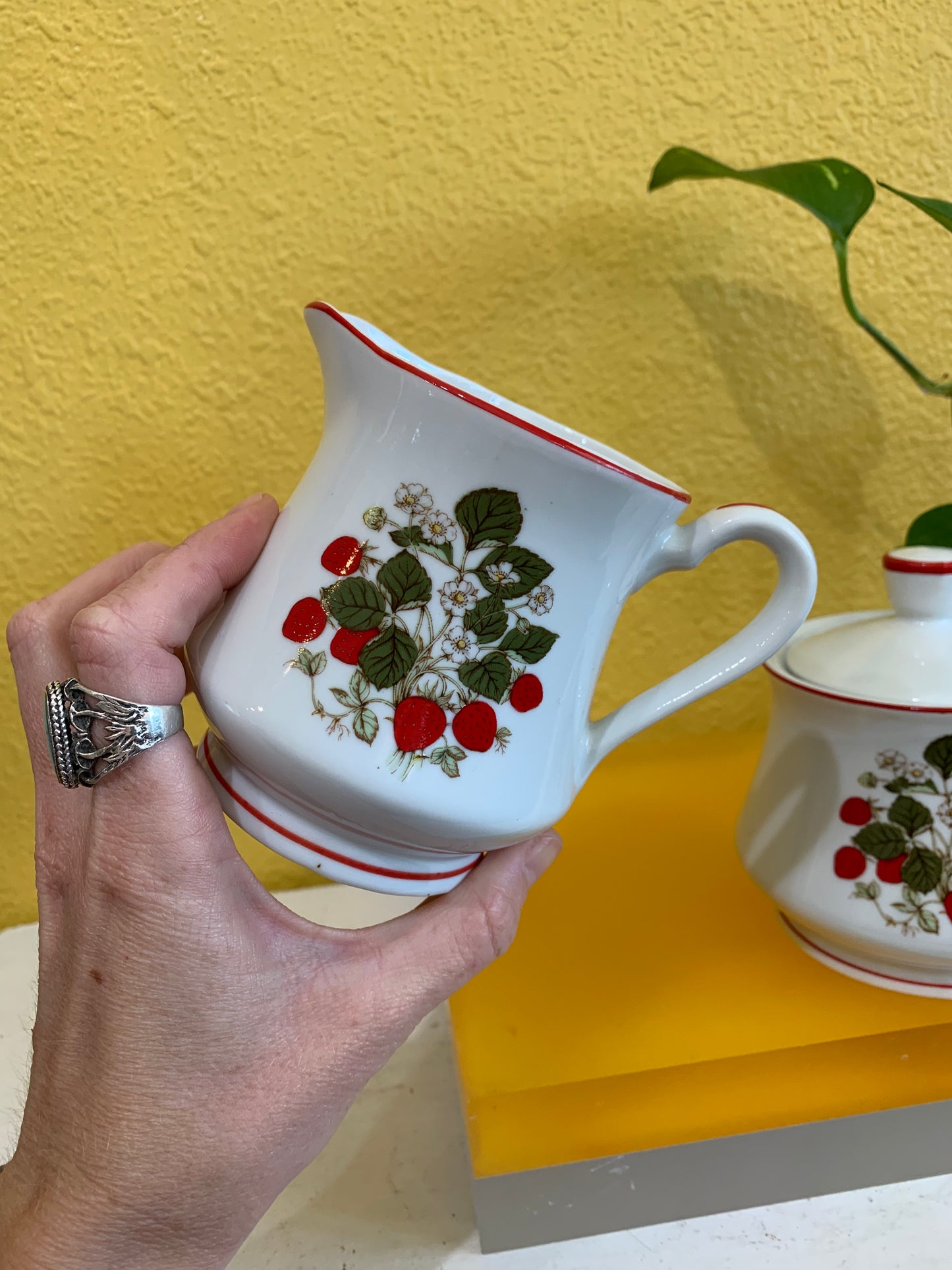 Vintage Ceramic Strawberry Creamer and Sugar Set. Made in Japan.