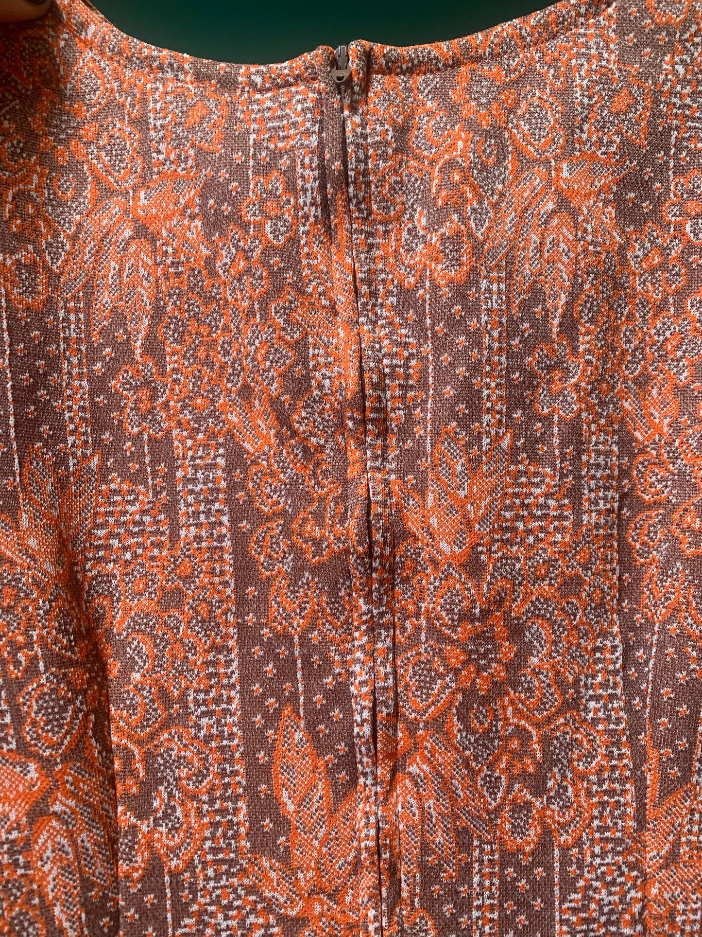 Vintage Handmade Orange Taupe Floral Pattern Short Sleeve Dress