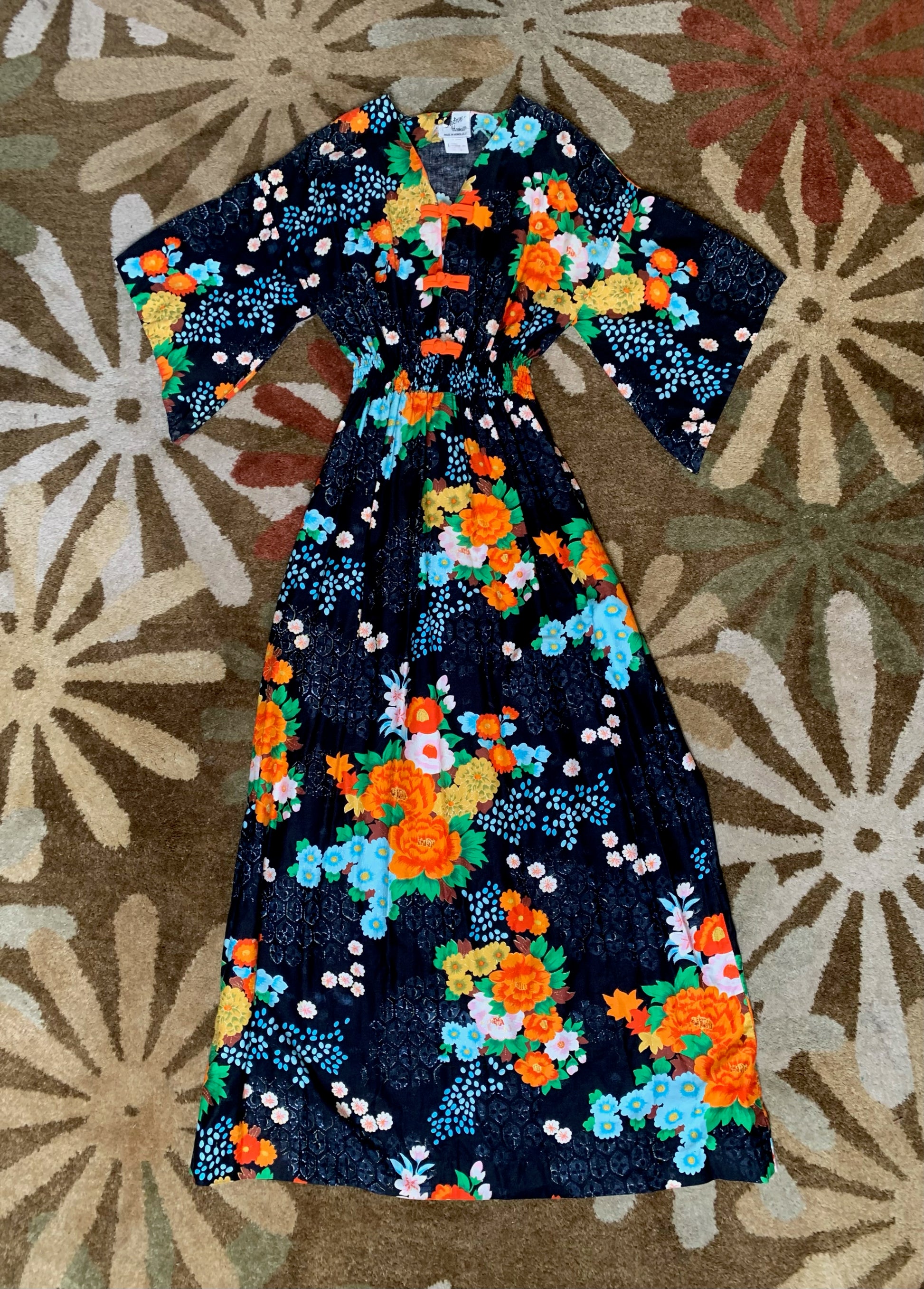 Vintage Kimono style dress with bright floral pattern