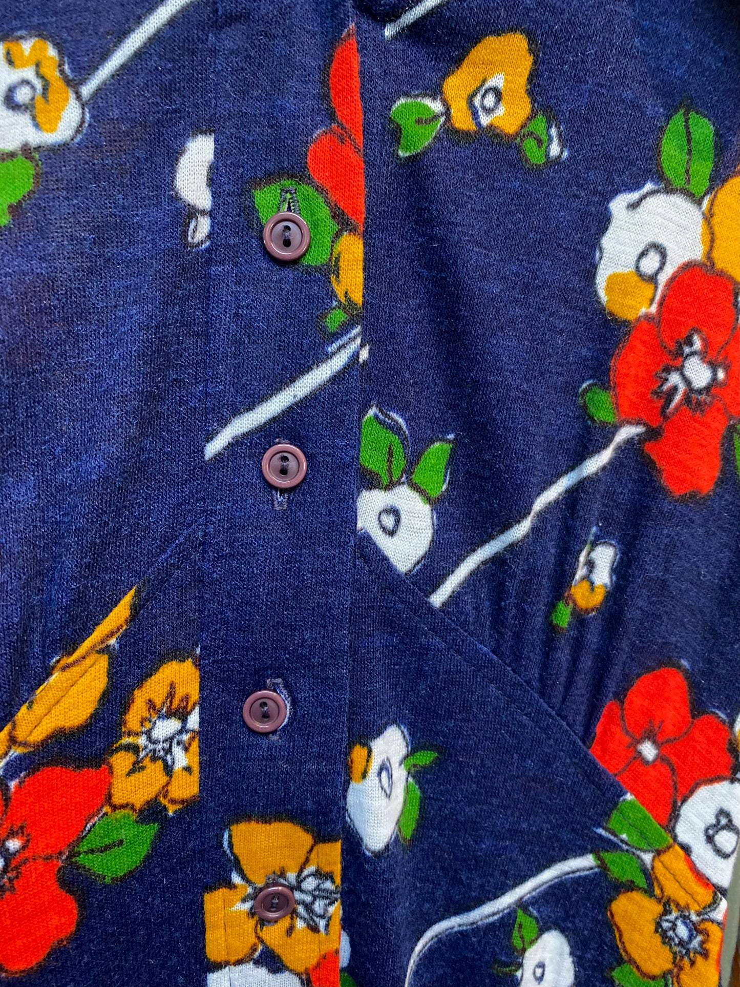 Vintage 70s Flower Power Navy Blue Long Sleeve Maxi Dress White Collar Detail