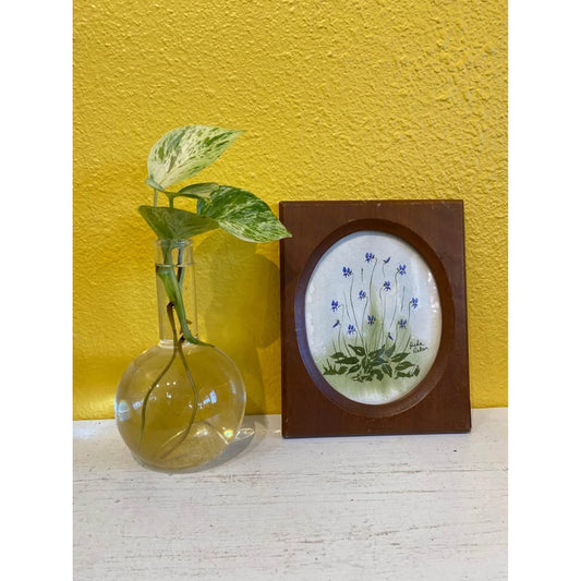Vintage brown wooden framed floral watercolor art