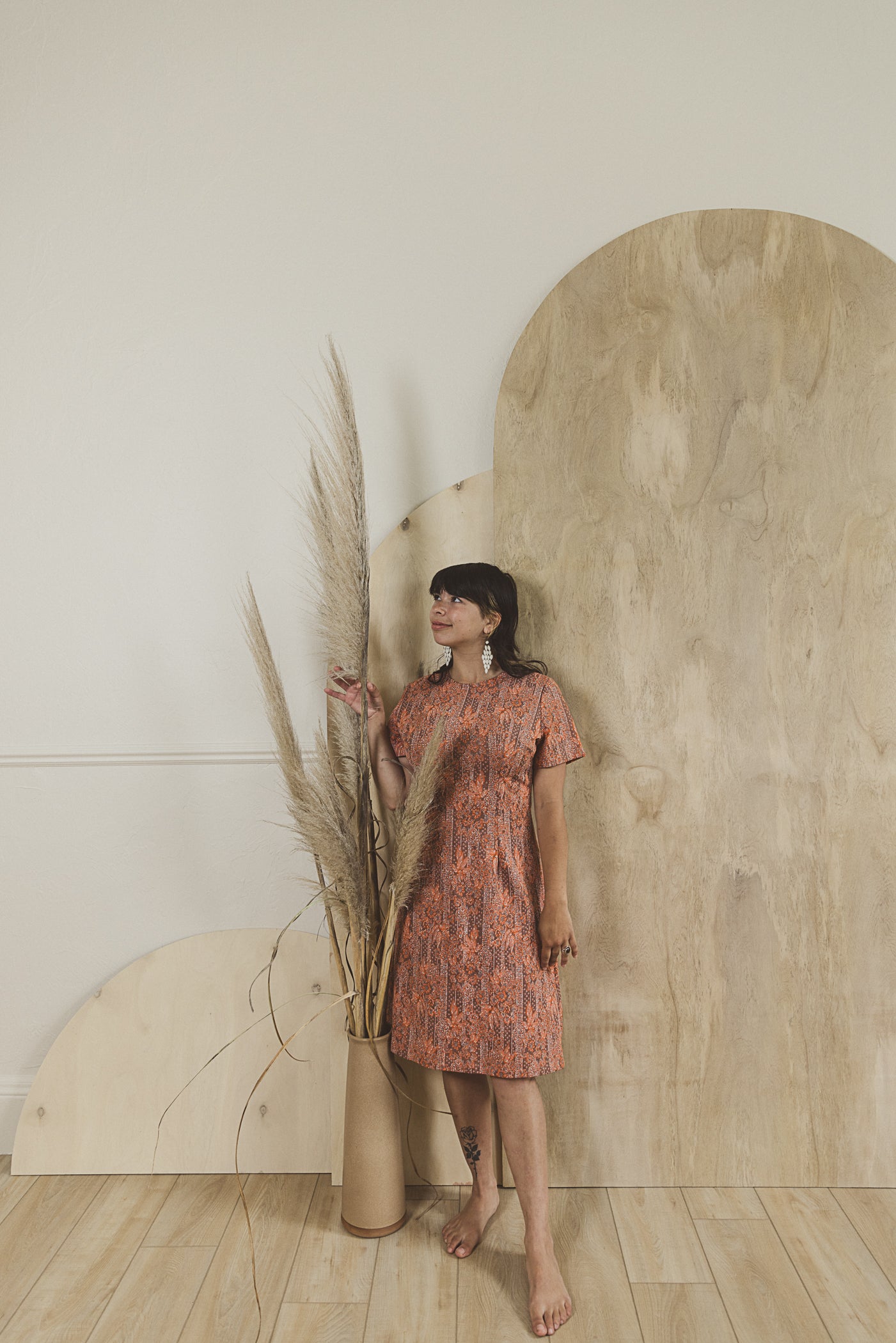 Vintage Handmade Orange Taupe Floral Pattern Short Sleeve Dress