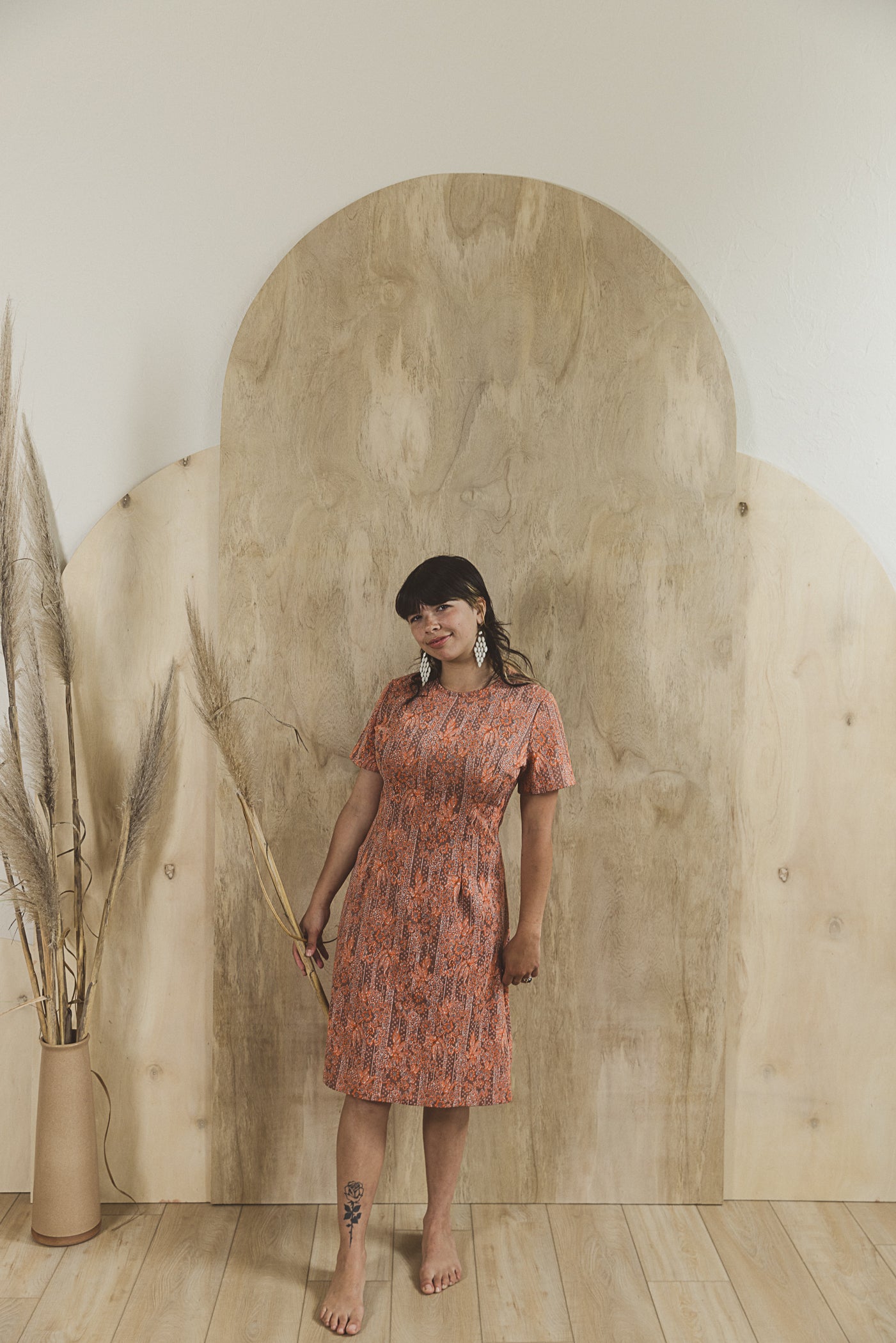 Vintage Handmade Orange Taupe Floral Pattern Short Sleeve Dress