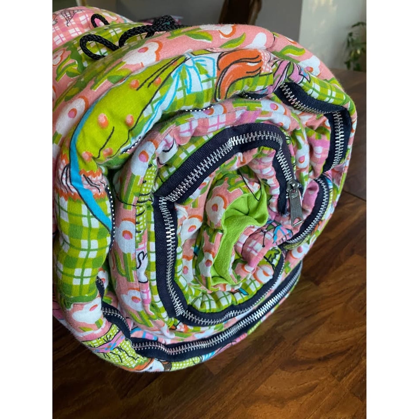 Vintage 60s Holly Hobbie Children’s sleeping Bag. Pink green patchwork