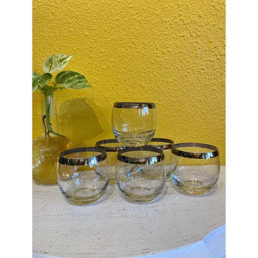 Vintage Mid Century Modern Chrome Edge Short Roly Poly Glasses set 6. Vintage barware