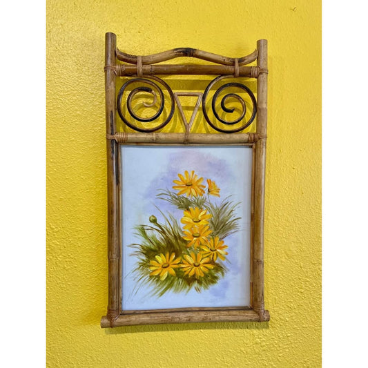 Vintage Rattan Owl Frame with Floral Painting on canvas