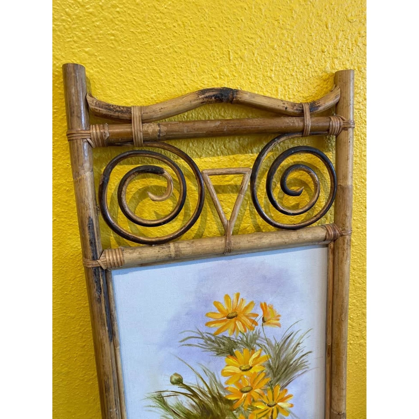 Vintage Rattan Owl Frame with Floral Painting on canvas