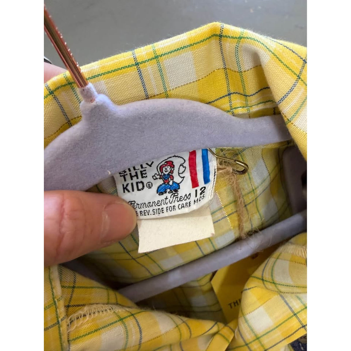 Billy the Kid Vintage Denim 3 piece clothing set. Vest pants yellow plaid shirt. Western 12mos