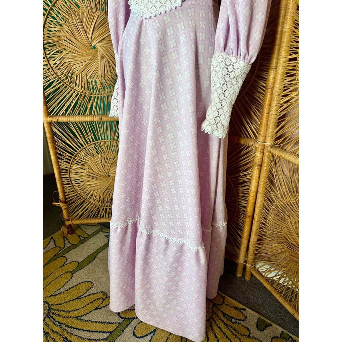1970s Lavender Prairie Dress. Lace Long Sleeve Gown Victorian inspired. Handmade. Size Small