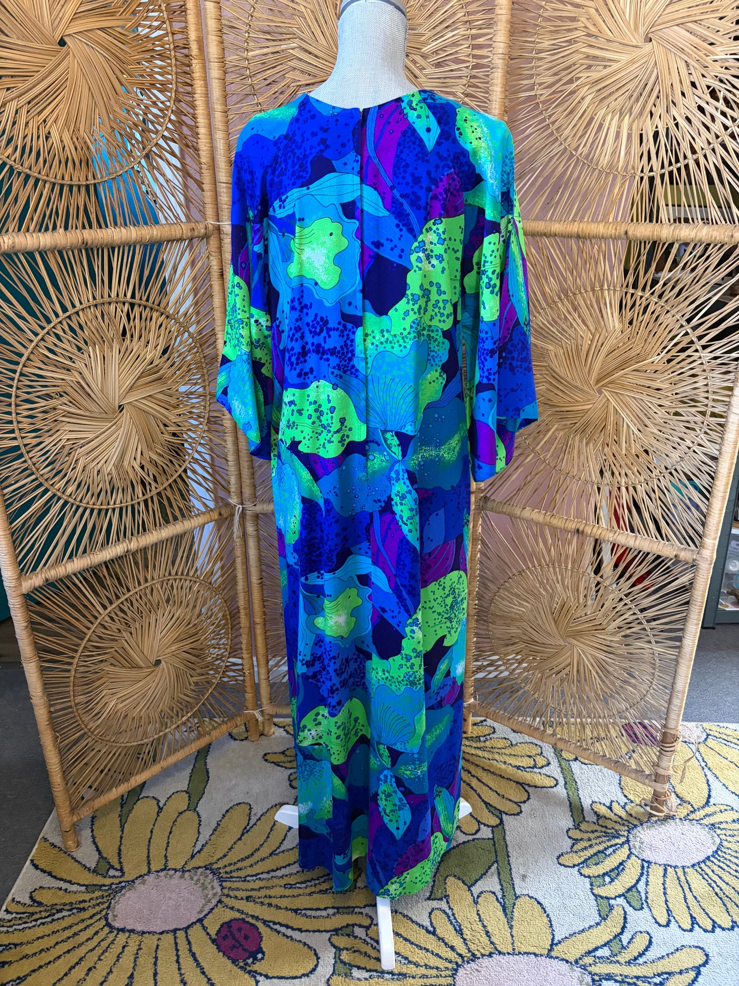 Hawaiian Surf Neon Orchid Print Maxi Dress with Bell Sleeves