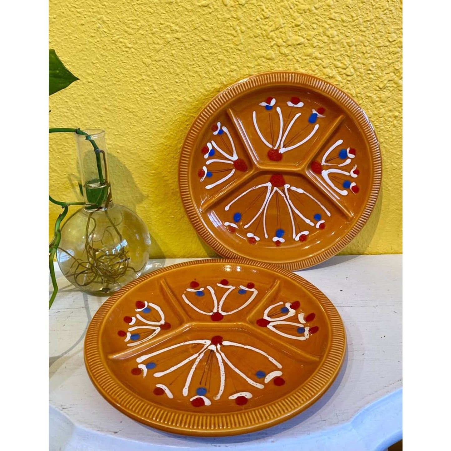Set 2 Vintage Orange Ceramic Fondue Separated Plates. Italy