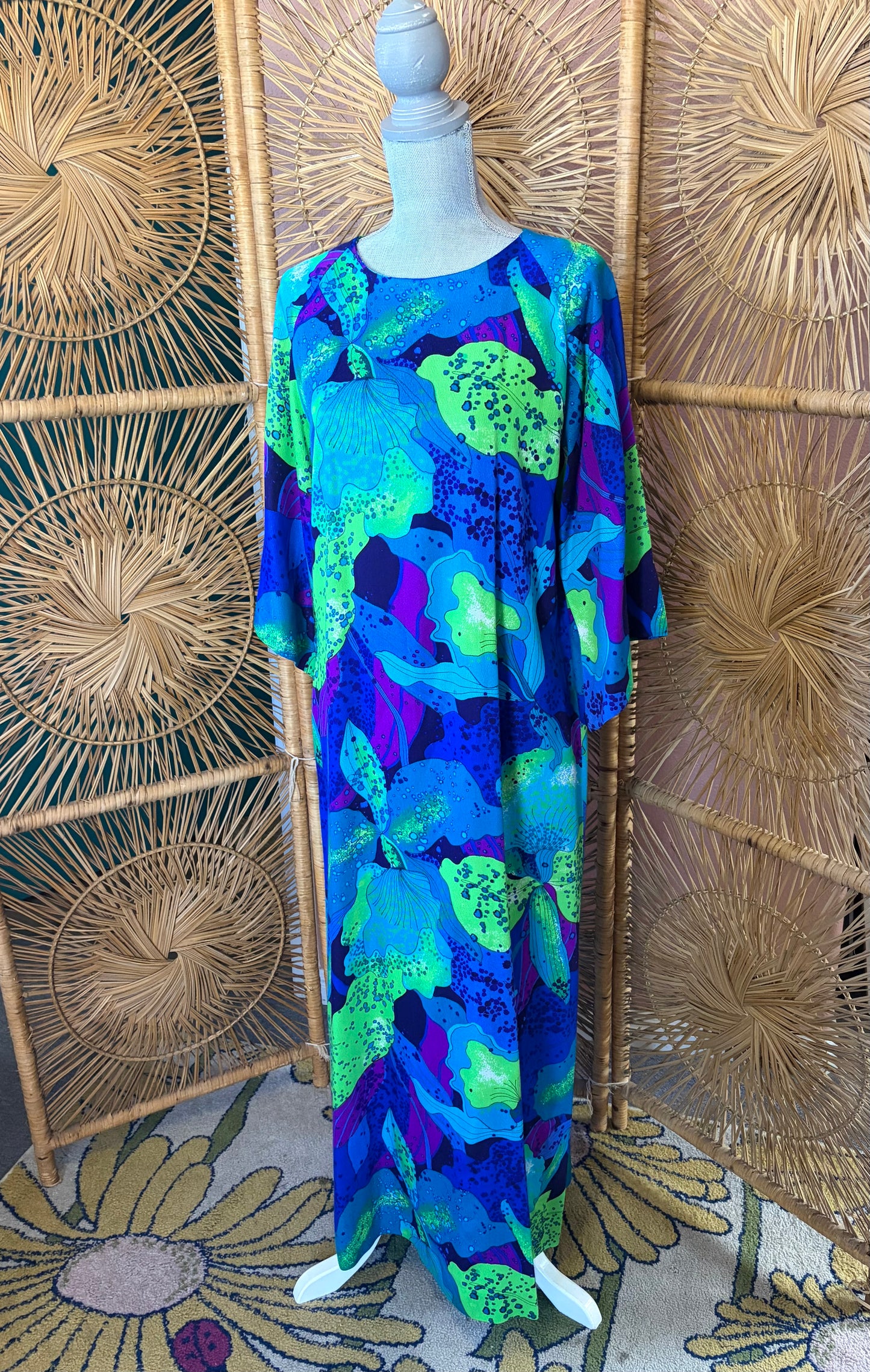Hawaiian Surf Neon Orchid Print Maxi Dress with Bell Sleeves