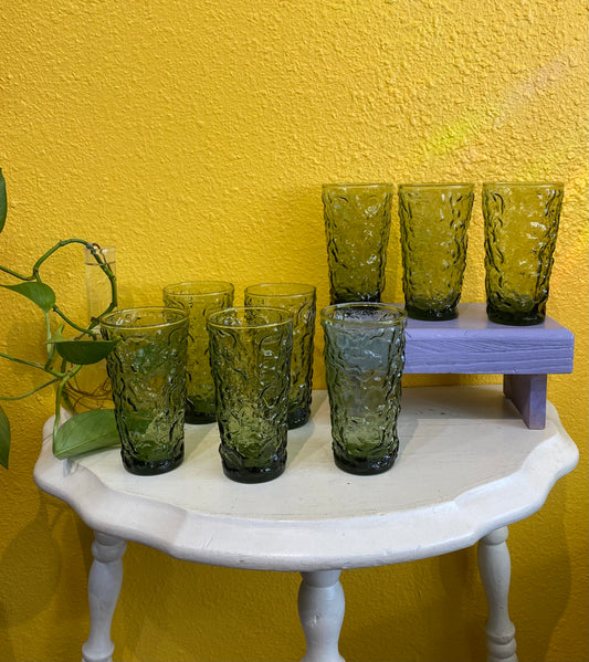 Vintage Green Crinkle Glass Drinking Tumblers. Set of 8