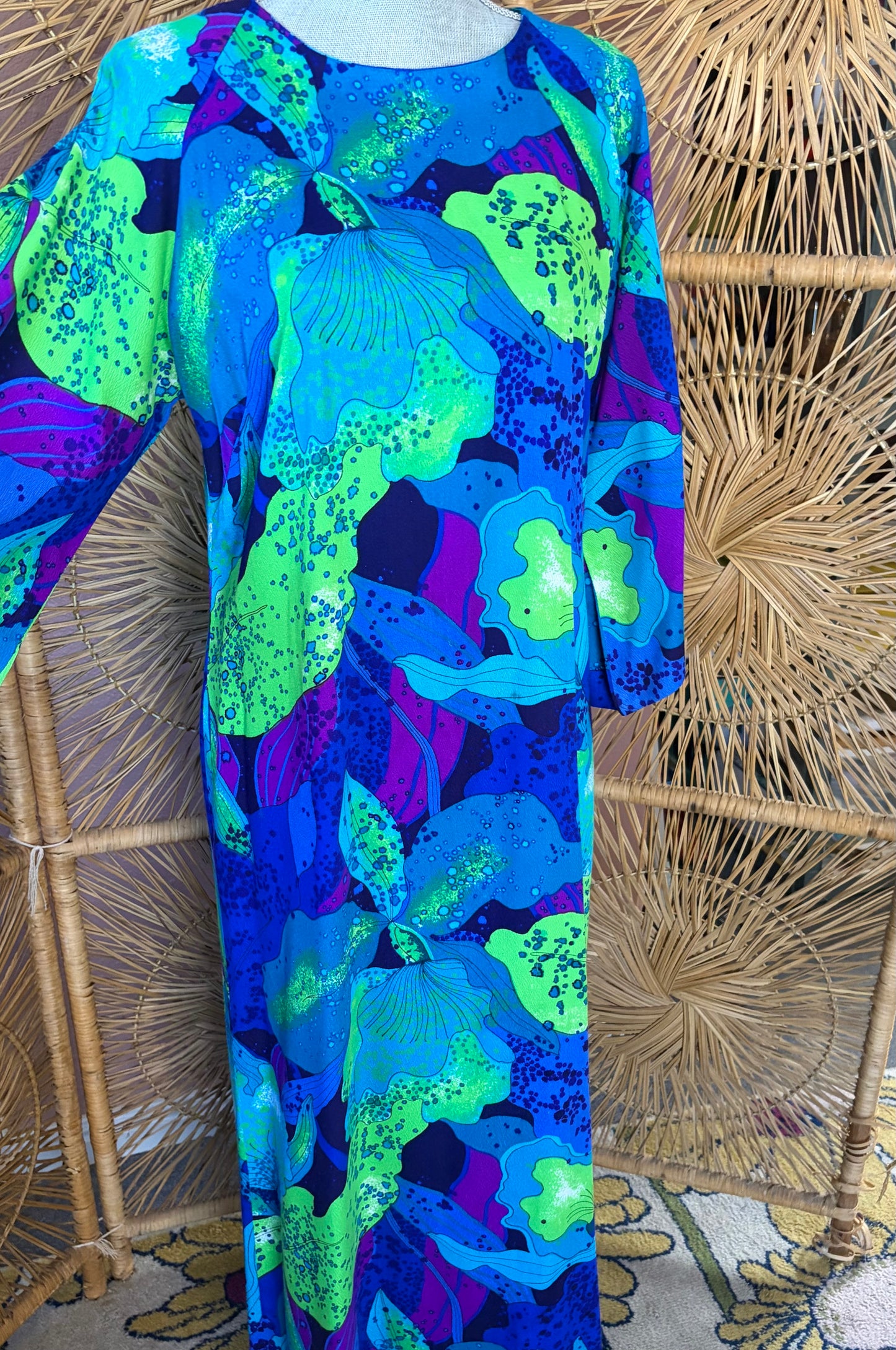 Hawaiian Surf Neon Orchid Print Maxi Dress with Bell Sleeves