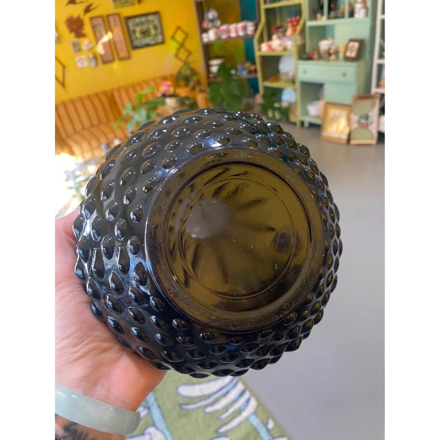 Vintage LE Smith Black Amethyst Glass Hobnail Flower Frog Vase