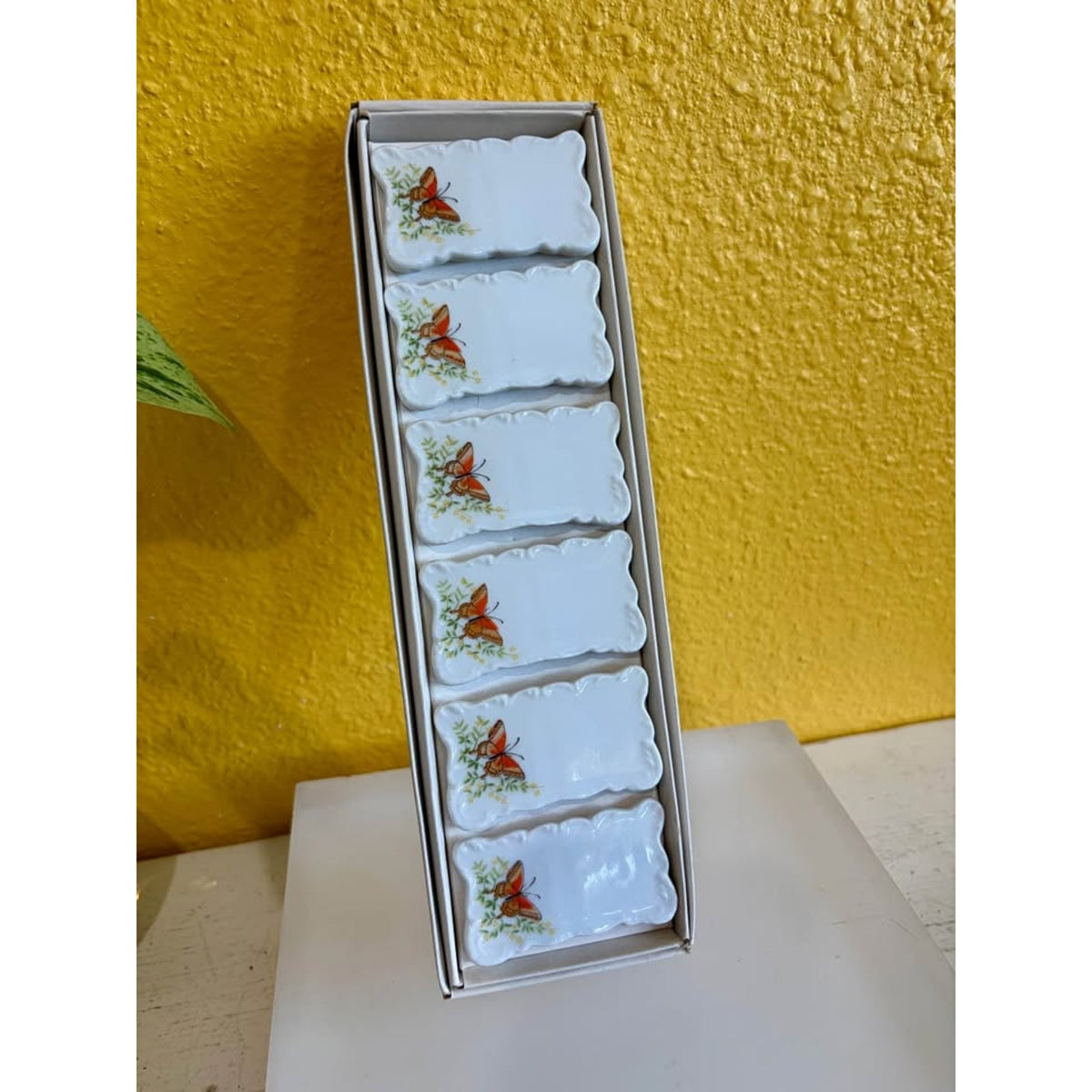 Vintage 80s Shafford Ceramic Name Place card tiles with butterfly detail. Set of 6