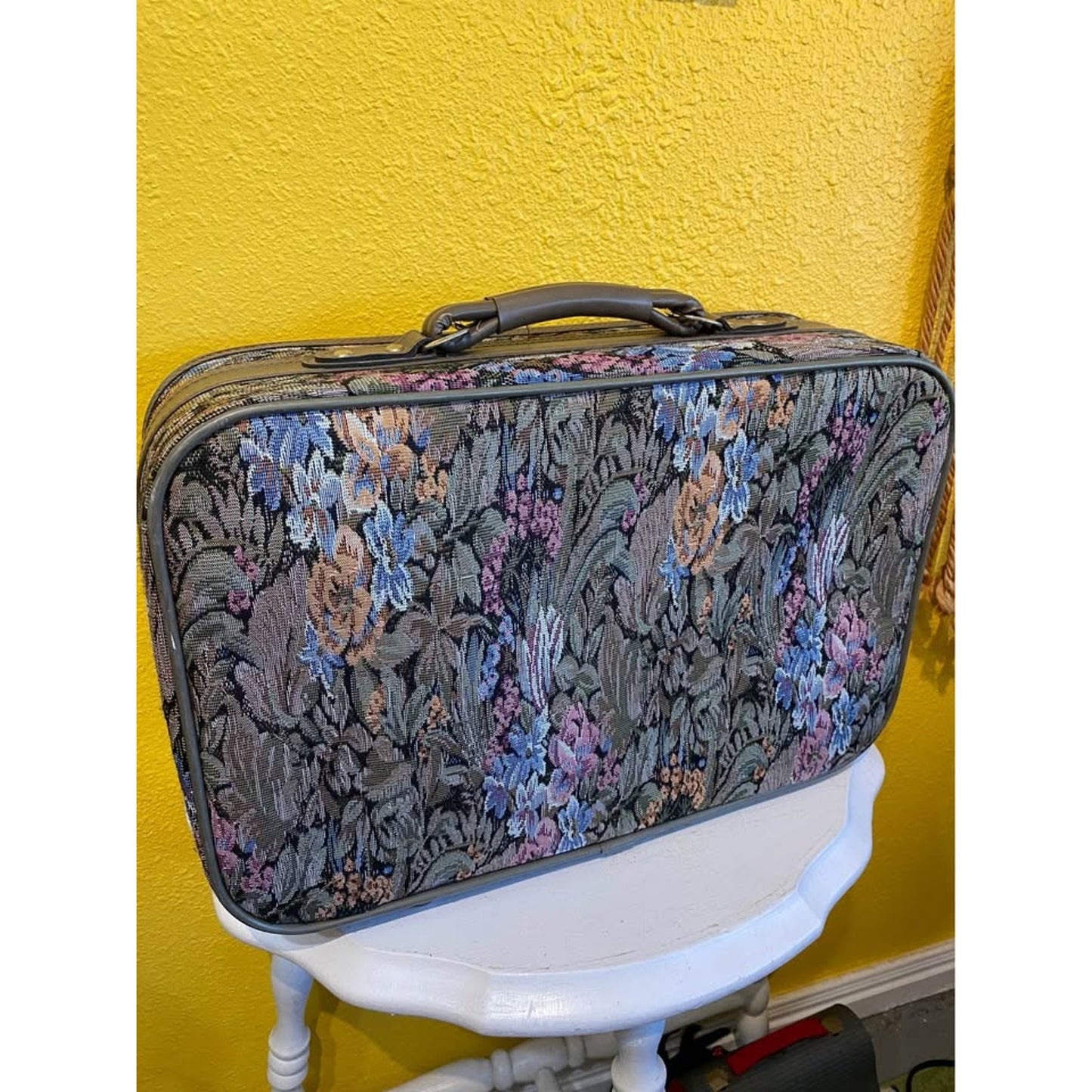 Jordache floral tapestry carry on luggage. Vintage travel suitcase