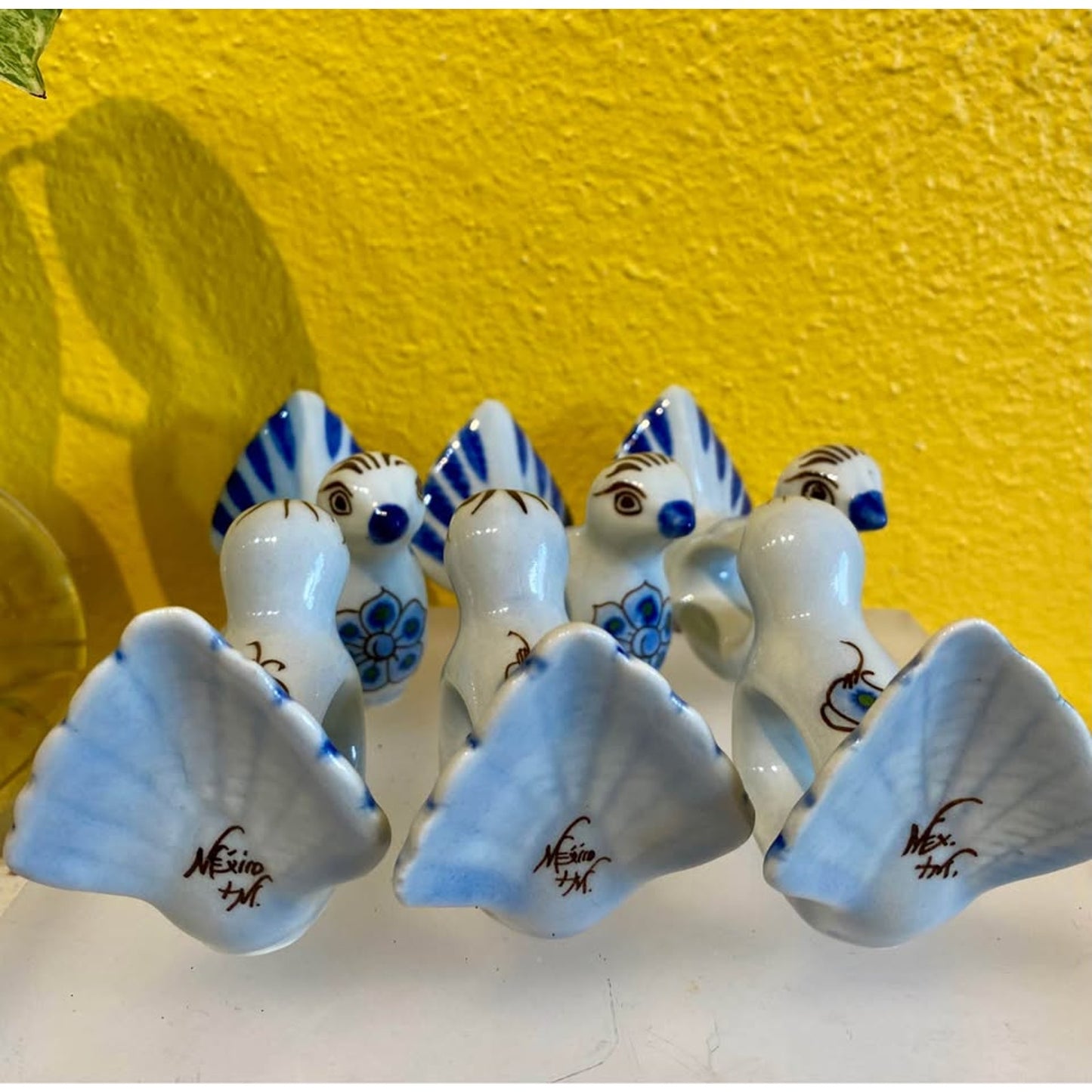 Hand painted Tonala style bird napkin rings. Set of 6. Mexico. Blue and White