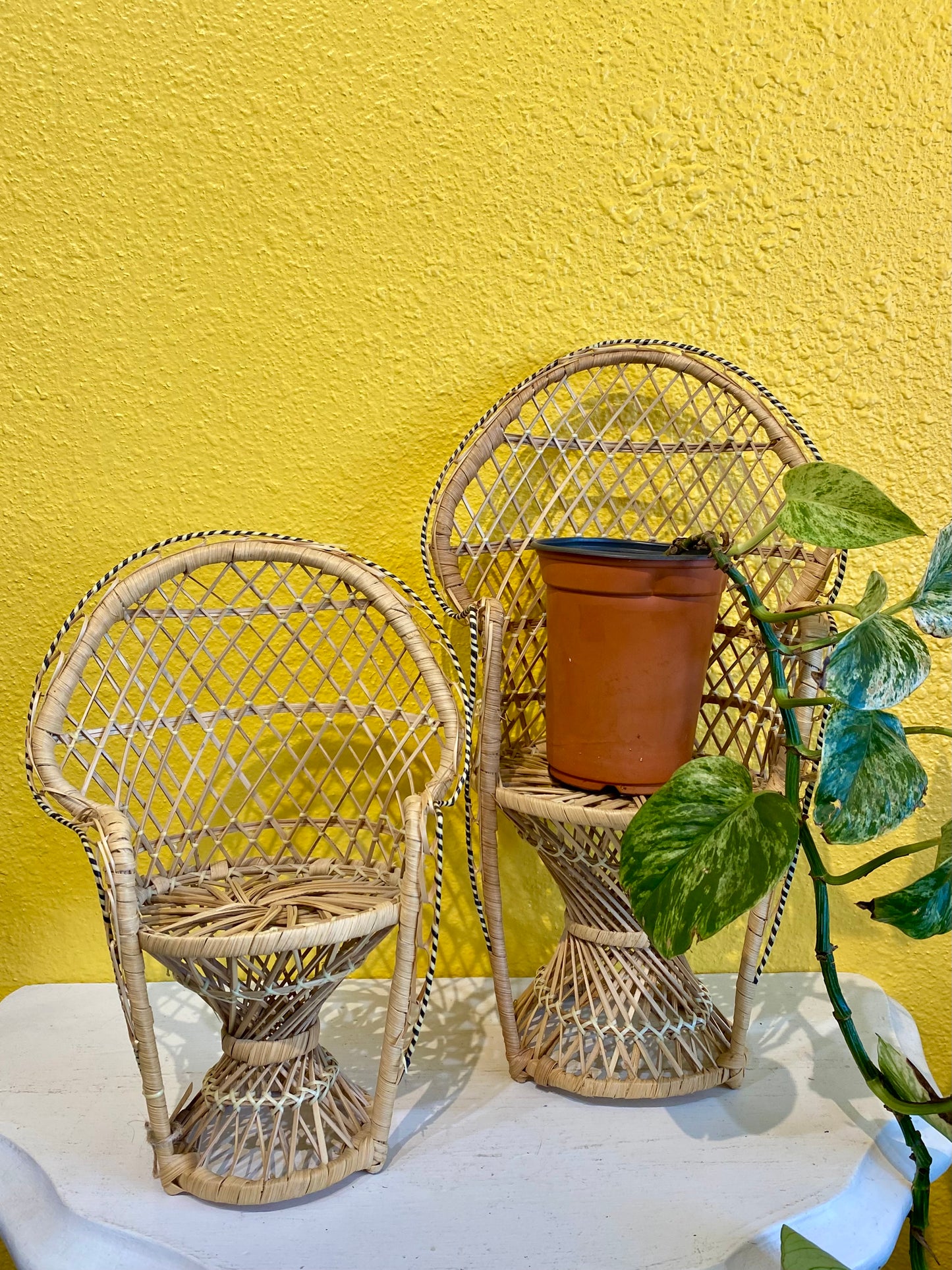 Vintage Mini Wicker Peacock Chairs Set of 2