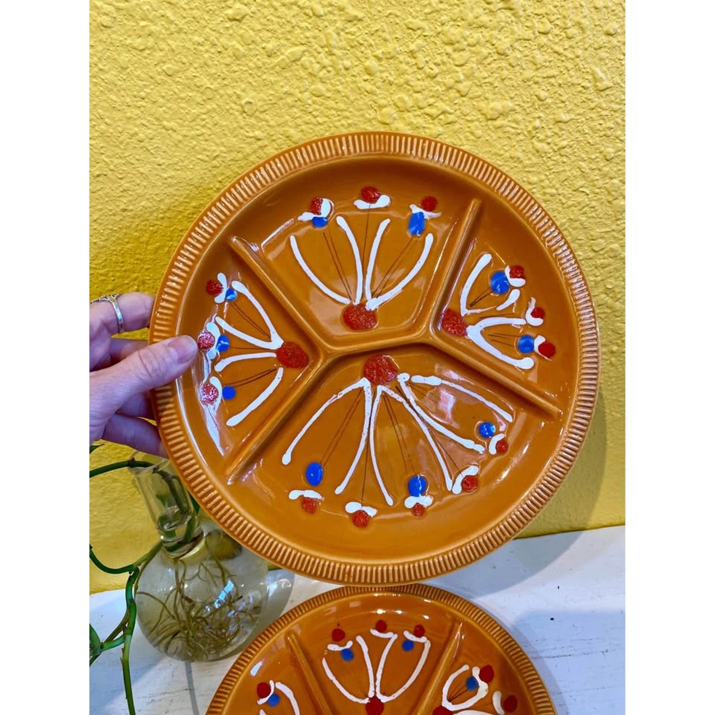 Set 2 Vintage Orange Ceramic Fondue Separated Plates. Italy