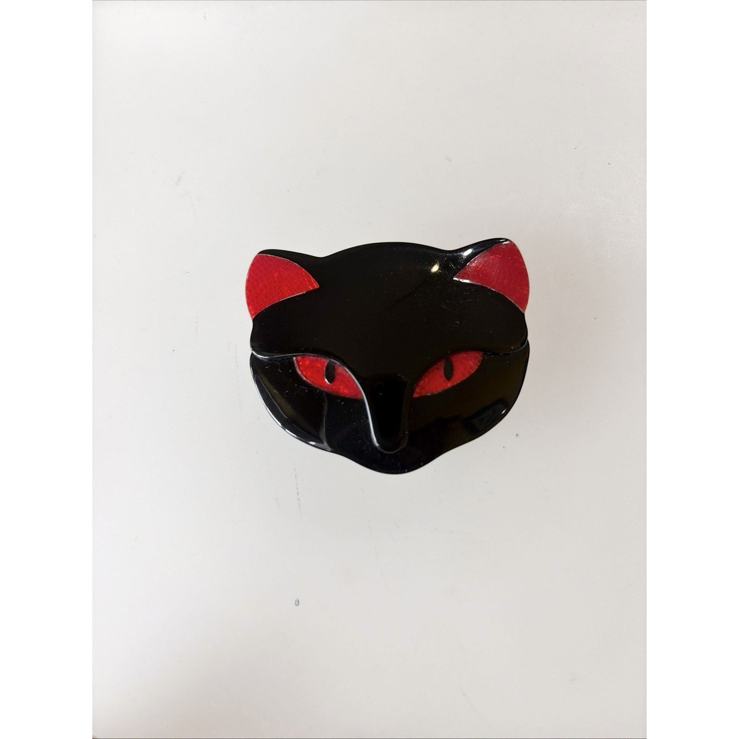 Lea Stein Paris Vintage Attila Cat Head Brooch Glossy Black Red Snake Pattern