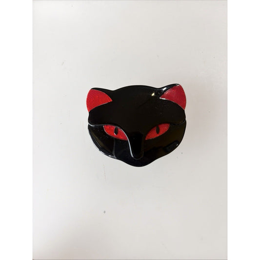 Lea Stein Paris Vintage Attila Cat Head Brooch Glossy Black Red Snake Pattern
