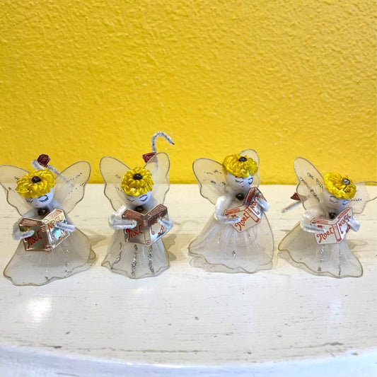 1950s Noel Angel Christmas Ornaments. Tulle pipe cleaner cuties. Japan set of 4. Vintage