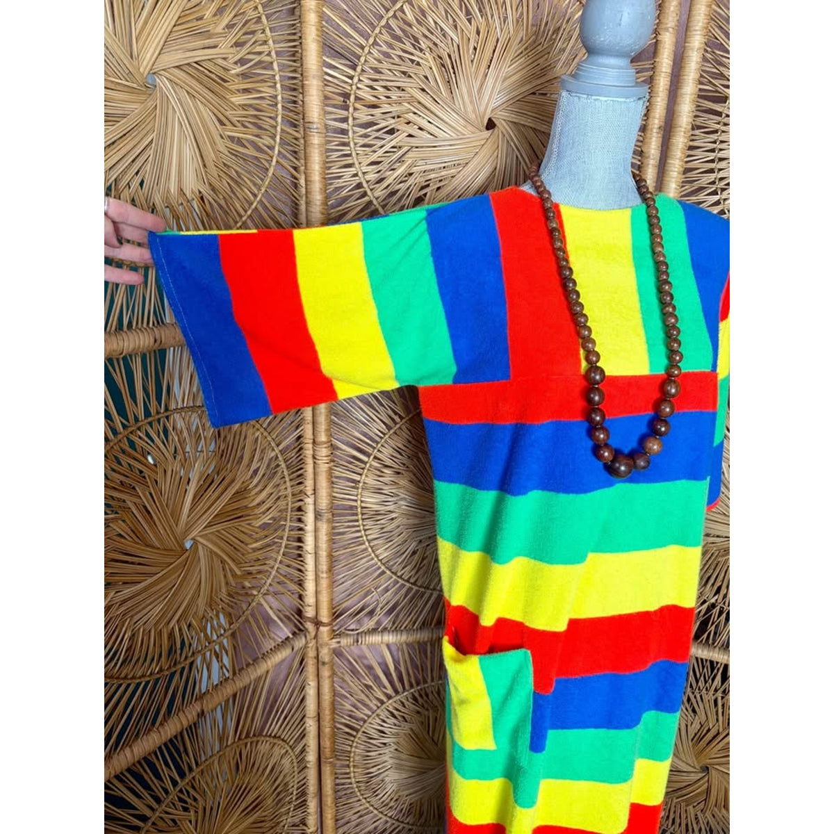 Vintage 1970s Bright Striped Terry Cloth Maxi Dress Beach Cover up Sz M-L