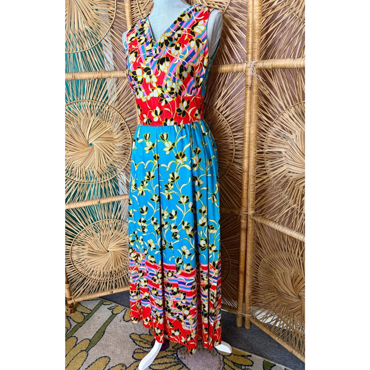 1970s Vibrant Multi Color Sleeveless Maxi Dress. Hawaiian Florals XS