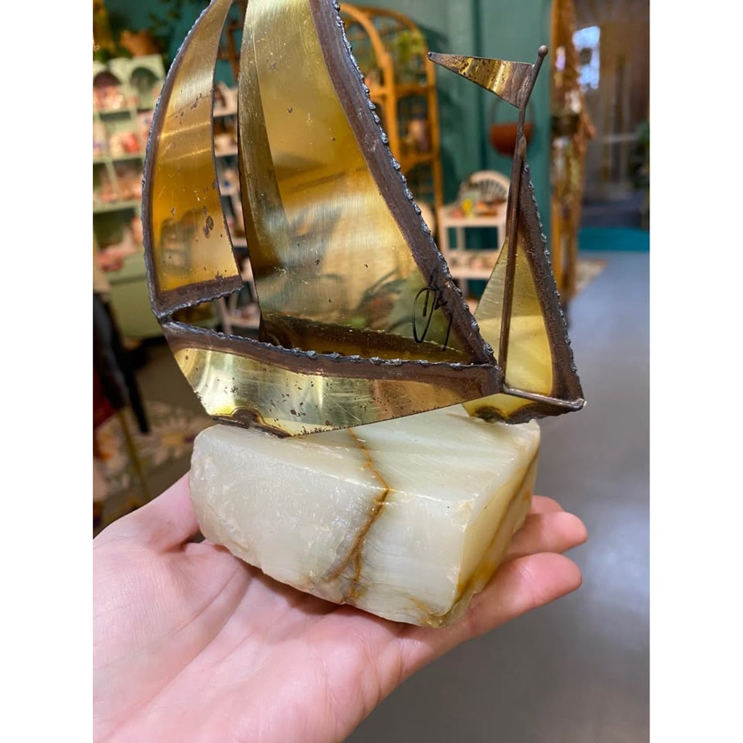 Brass sailboats on marble base. Home Office Decor Beach Theme