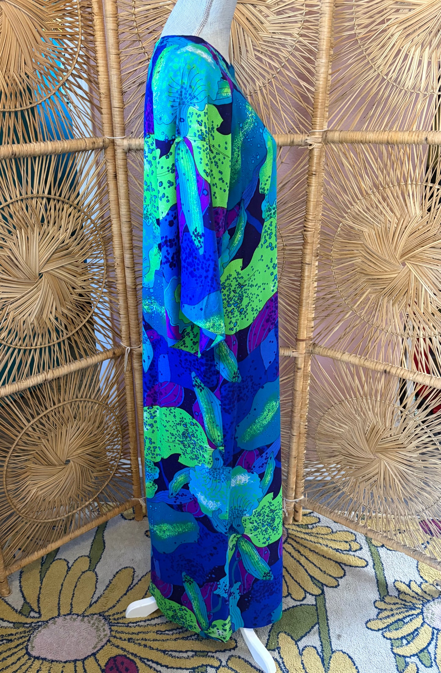 Hawaiian Surf Neon Orchid Print Maxi Dress with Bell Sleeves