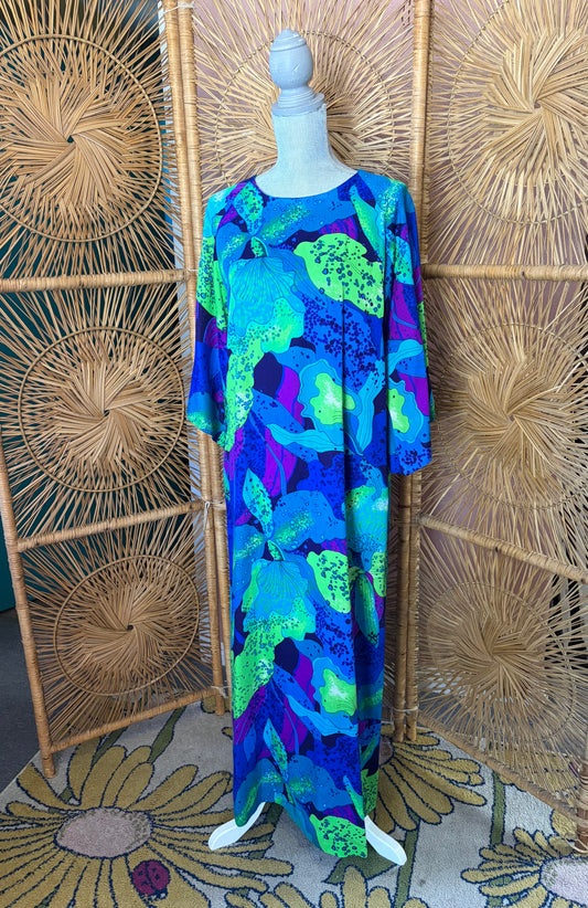 Hawaiian Surf Neon Orchid Print Maxi Dress with Bell Sleeves
