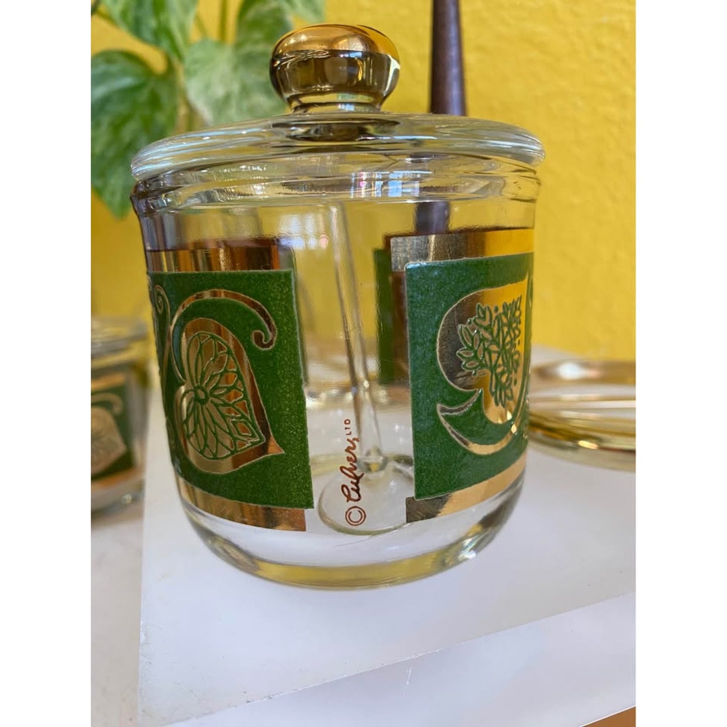 1950s Culver Gold and Green Leaf Glass Condiment Jar set