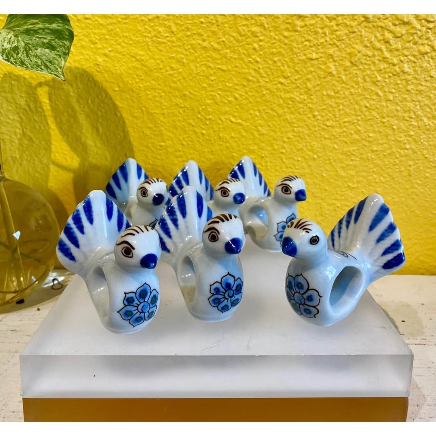 Hand painted Tonala style bird napkin rings. Set of 6. Mexico. Blue and White