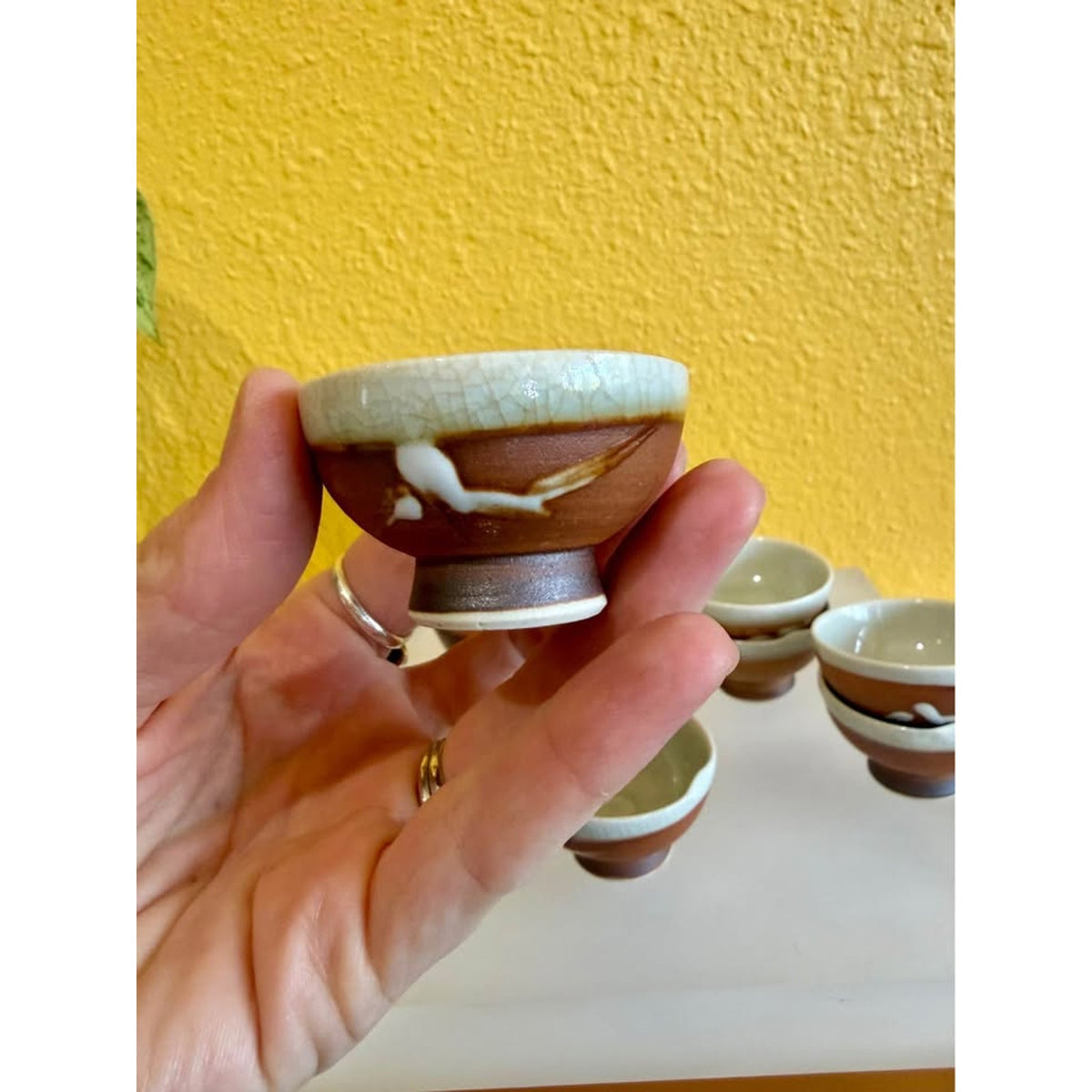 Vintage Ceramic Sake Set. Made in Japan. Set of 7 pieces. Brown white 70s