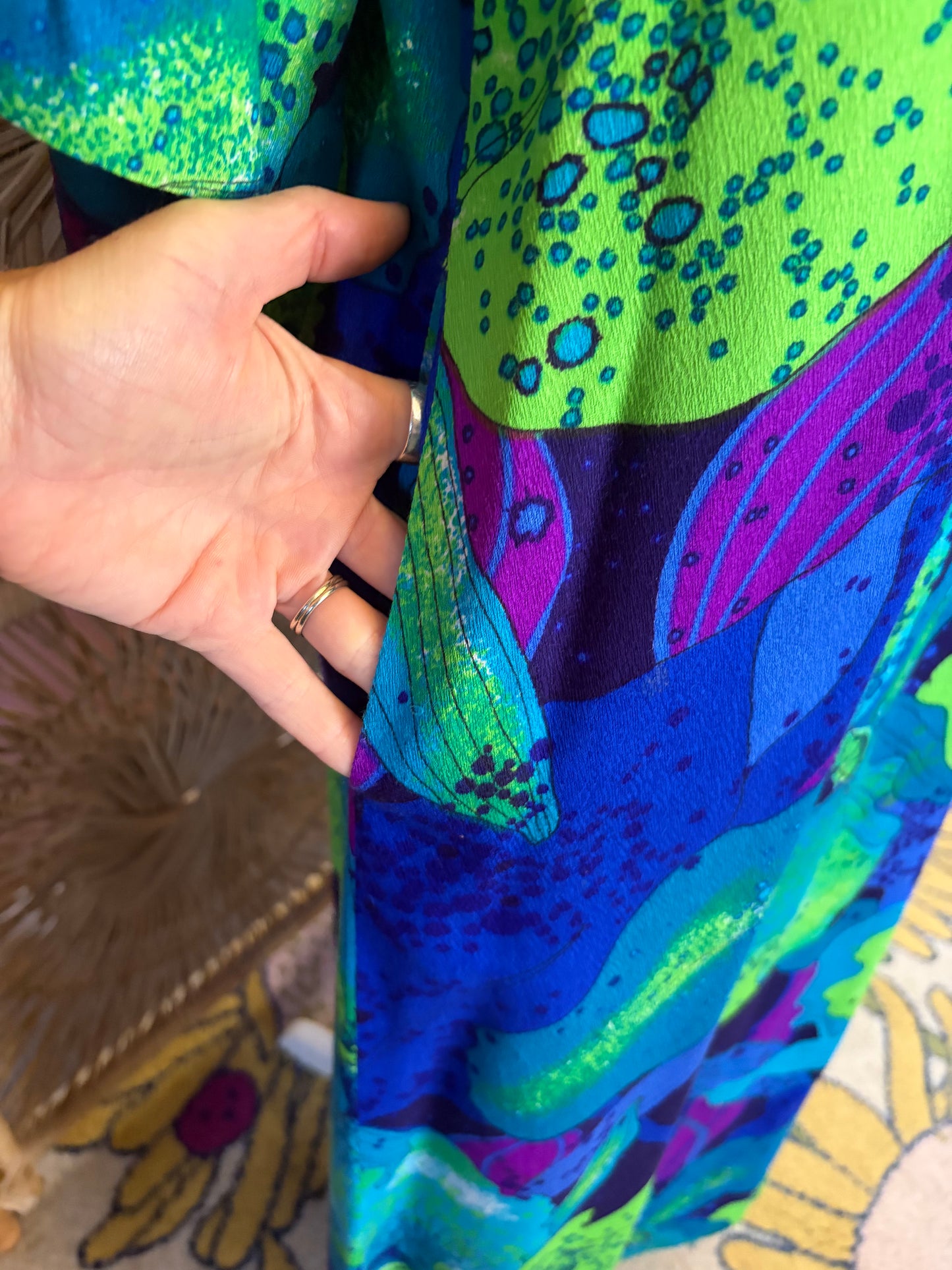 Hawaiian Surf Neon Orchid Print Maxi Dress with Bell Sleeves